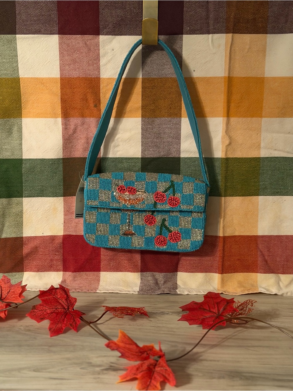 Anthropologie Turquoise Beaded Cherry-Embroidered Shoulder Bag